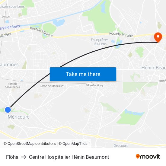 Flöha to Centre Hospitalier Hénin Beaumont map