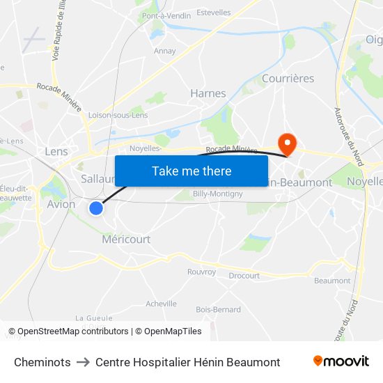 Cheminots to Centre Hospitalier Hénin Beaumont map
