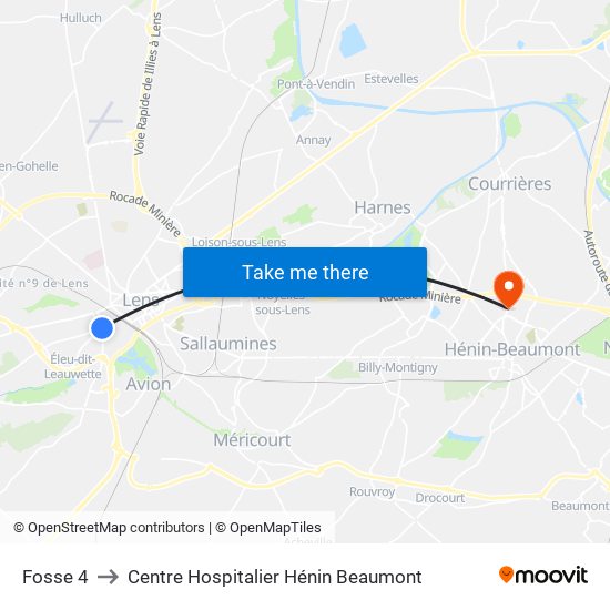Fosse 4 to Centre Hospitalier Hénin Beaumont map