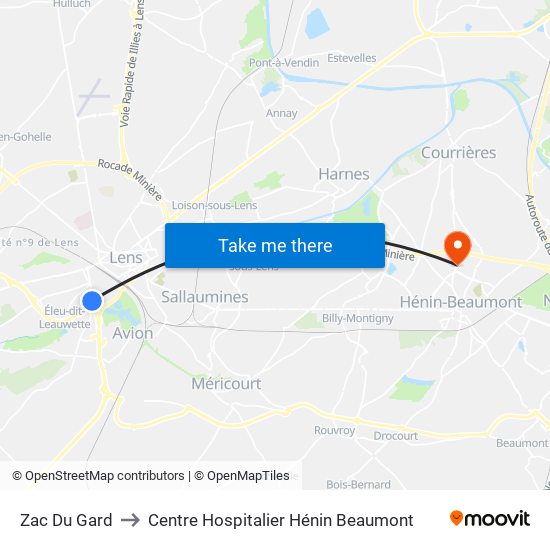 Zac Du Gard to Centre Hospitalier Hénin Beaumont map