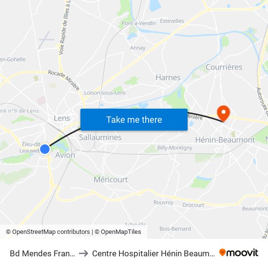 Bd Mendes France to Centre Hospitalier Hénin Beaumont map