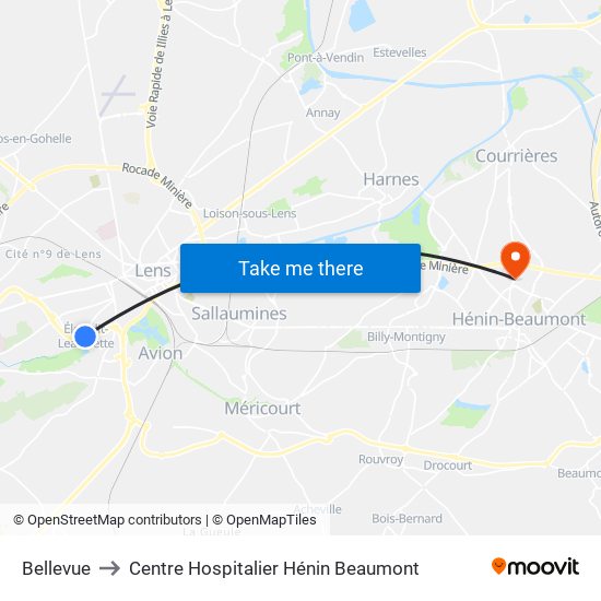 Bellevue to Centre Hospitalier Hénin Beaumont map
