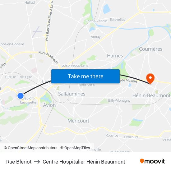 Rue Bleriot to Centre Hospitalier Hénin Beaumont map
