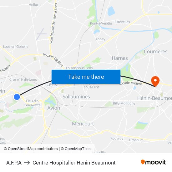 A.F.P.A to Centre Hospitalier Hénin Beaumont map