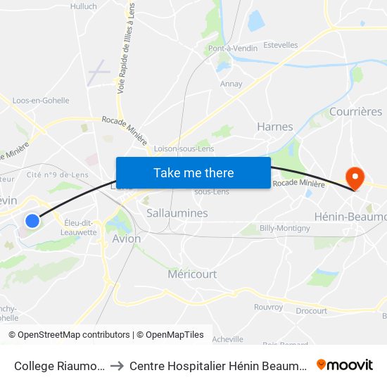 College Riaumont to Centre Hospitalier Hénin Beaumont map
