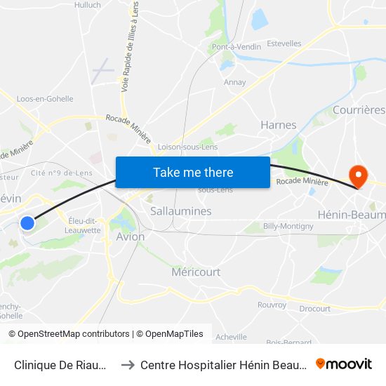 Clinique De Riaumont to Centre Hospitalier Hénin Beaumont map