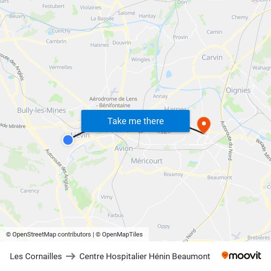 Les Cornailles to Centre Hospitalier Hénin Beaumont map