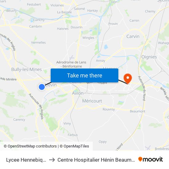 Lycee Hennebique to Centre Hospitalier Hénin Beaumont map