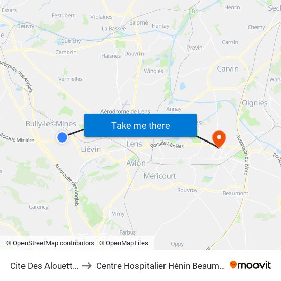 Cite Des Alouettes to Centre Hospitalier Hénin Beaumont map