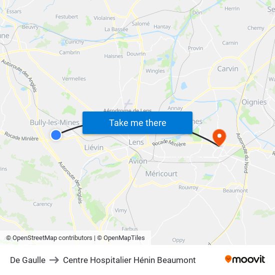 De Gaulle to Centre Hospitalier Hénin Beaumont map