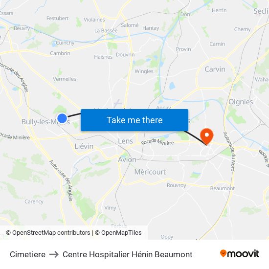 Cimetiere to Centre Hospitalier Hénin Beaumont map