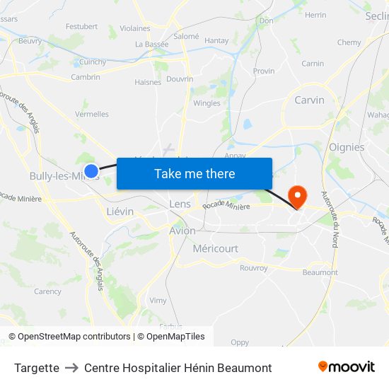 Targette to Centre Hospitalier Hénin Beaumont map