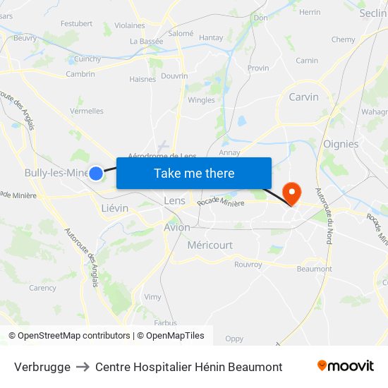 Verbrugge to Centre Hospitalier Hénin Beaumont map