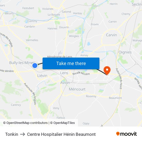 Tonkin to Centre Hospitalier Hénin Beaumont map