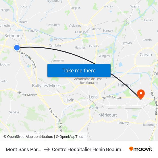 Mont Sans Pareil to Centre Hospitalier Hénin Beaumont map