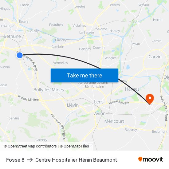 Fosse 8 to Centre Hospitalier Hénin Beaumont map