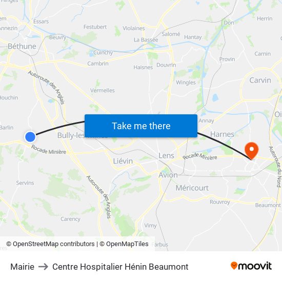 Mairie to Centre Hospitalier Hénin Beaumont map