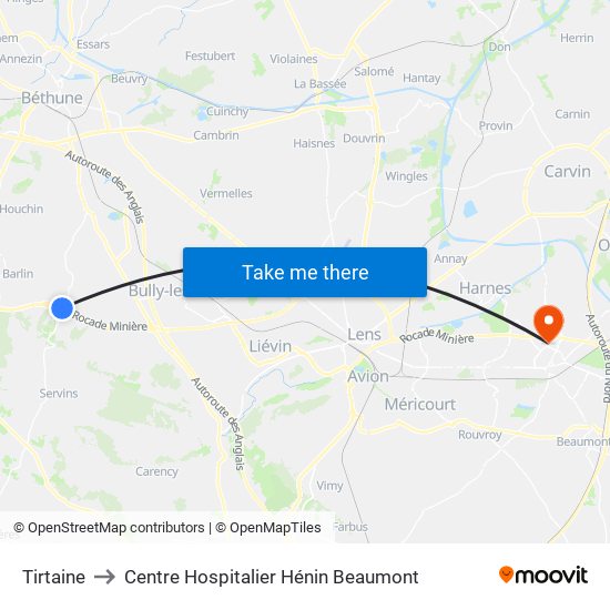 Tirtaine to Centre Hospitalier Hénin Beaumont map