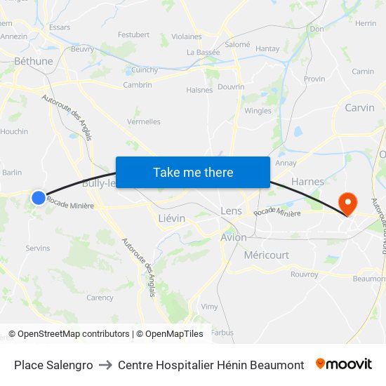 Place Salengro to Centre Hospitalier Hénin Beaumont map
