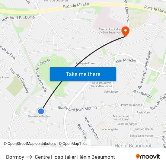 Dormoy to Centre Hospitalier Hénin Beaumont map