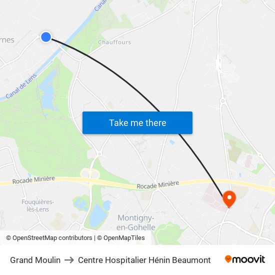 Grand Moulin to Centre Hospitalier Hénin Beaumont map
