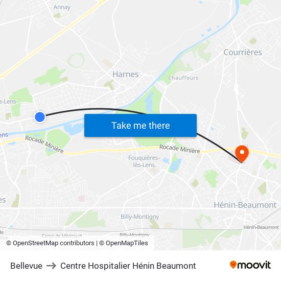 Bellevue to Centre Hospitalier Hénin Beaumont map