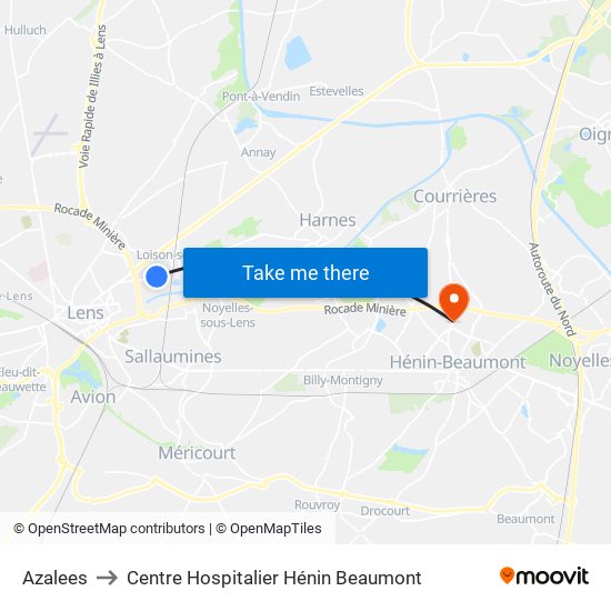 Azalees to Centre Hospitalier Hénin Beaumont map