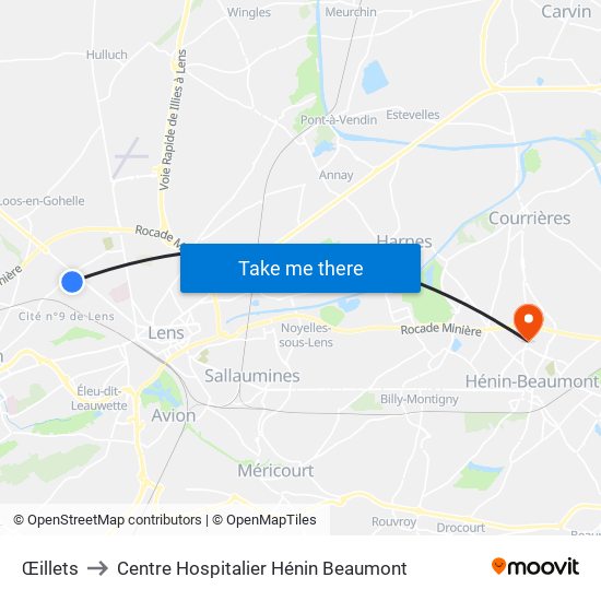 Œillets to Centre Hospitalier Hénin Beaumont map