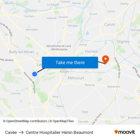 Cavée to Centre Hospitalier Hénin Beaumont map