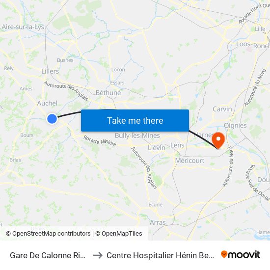 Gare De Calonne Ricouart to Centre Hospitalier Hénin Beaumont map