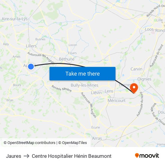 Jaures to Centre Hospitalier Hénin Beaumont map