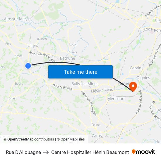 Rue D'Allouagne to Centre Hospitalier Hénin Beaumont map