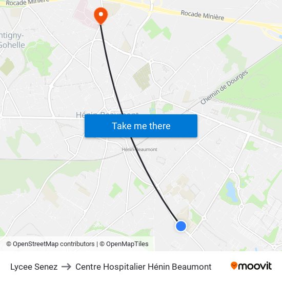 Lycee Senez to Centre Hospitalier Hénin Beaumont map