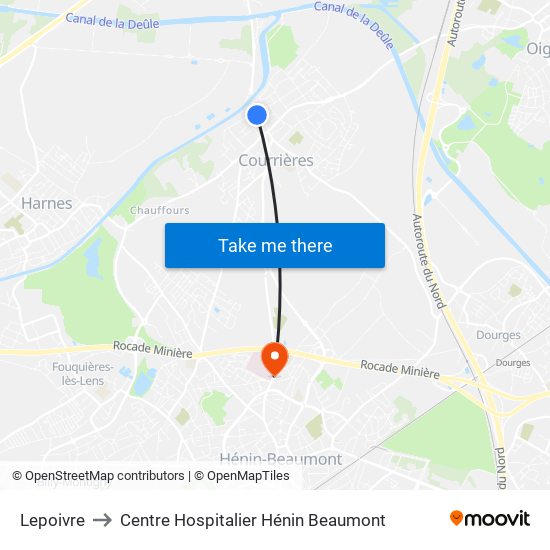 Lepoivre to Centre Hospitalier Hénin Beaumont map