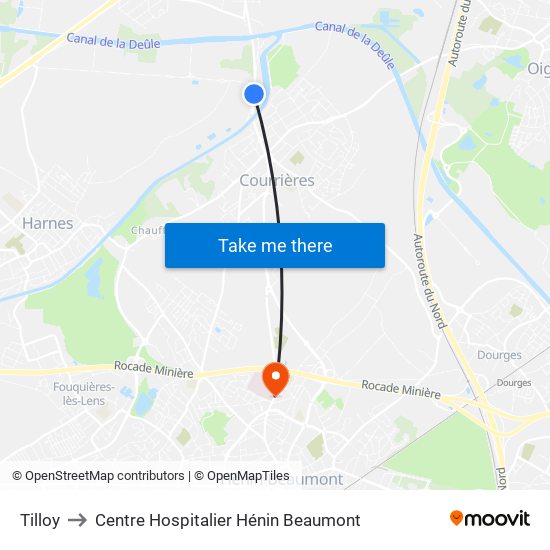 Tilloy to Centre Hospitalier Hénin Beaumont map