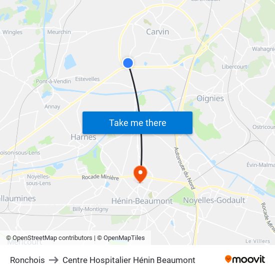 Ronchois to Centre Hospitalier Hénin Beaumont map
