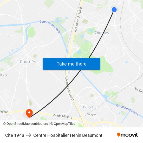 Cite 194a to Centre Hospitalier Hénin Beaumont map