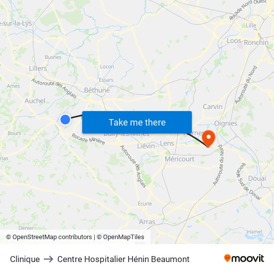 Clinique to Centre Hospitalier Hénin Beaumont map