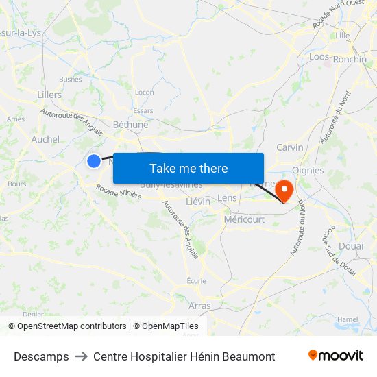 Descamps to Centre Hospitalier Hénin Beaumont map