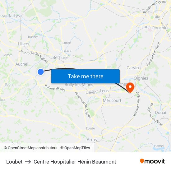 Loubet to Centre Hospitalier Hénin Beaumont map