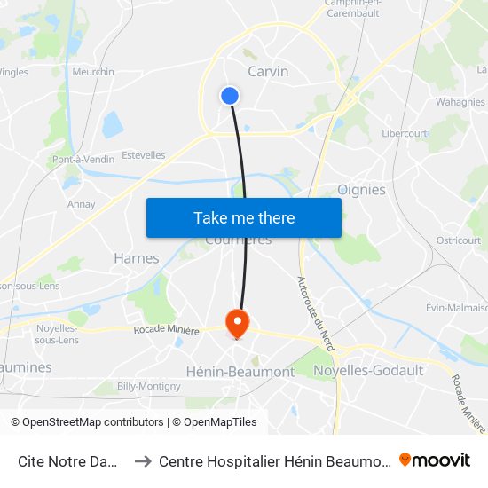 Cite Notre Dame to Centre Hospitalier Hénin Beaumont map
