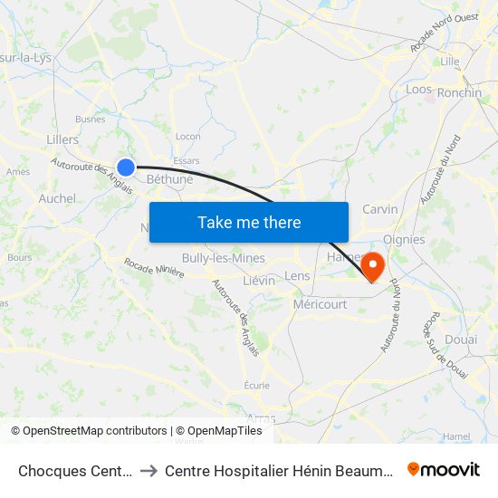 Chocques Centre to Centre Hospitalier Hénin Beaumont map