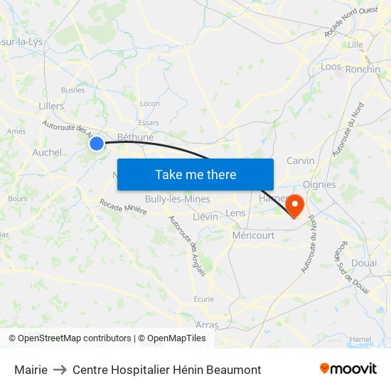 Mairie to Centre Hospitalier Hénin Beaumont map