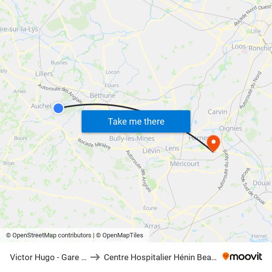 Victor Hugo - Gare Sncf to Centre Hospitalier Hénin Beaumont map