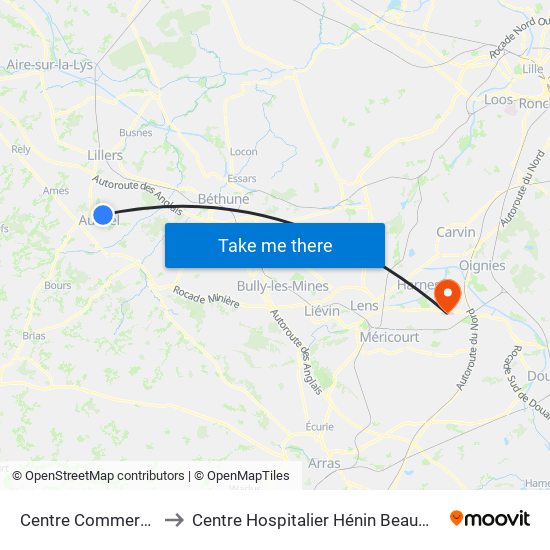 Centre Commercial to Centre Hospitalier Hénin Beaumont map
