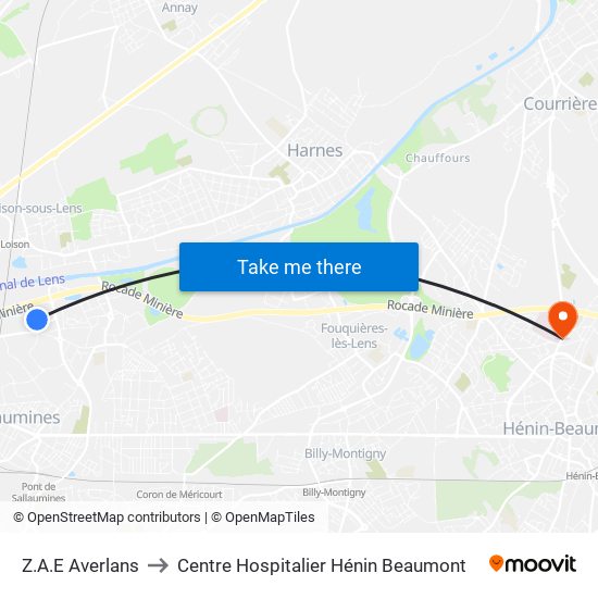 Z.A.E Averlans to Centre Hospitalier Hénin Beaumont map