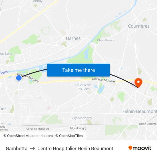 Gambetta to Centre Hospitalier Hénin Beaumont map