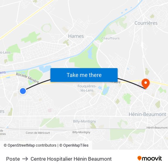 Poste to Centre Hospitalier Hénin Beaumont map