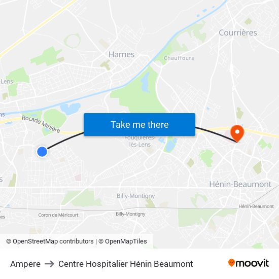 Ampere to Centre Hospitalier Hénin Beaumont map