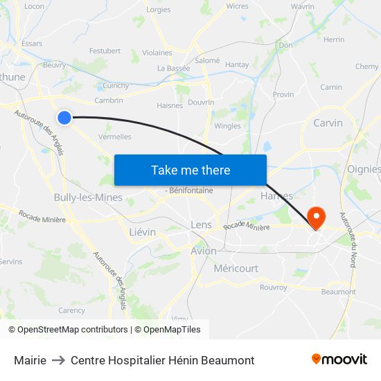 Mairie to Centre Hospitalier Hénin Beaumont map